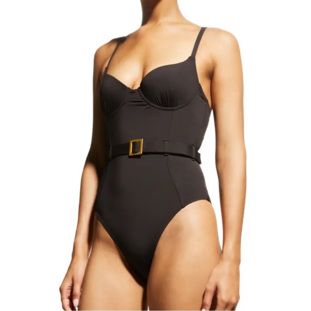 WeWoreWhat Danielle One Piece Swimsuit Belted High Leg Underwire Black Large